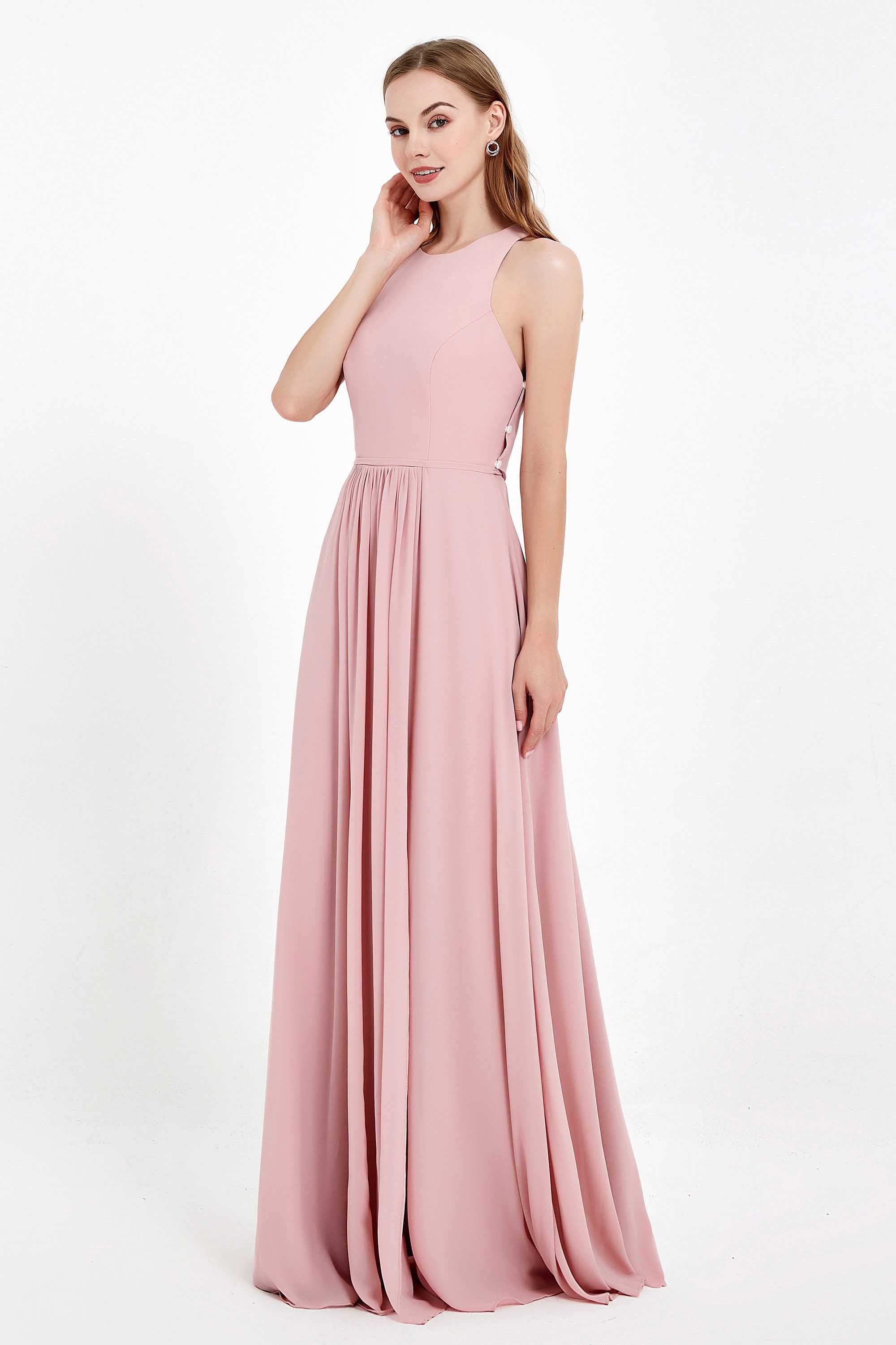 Jewel Neck Chiffon Bridesmaid Gowns Formal Evening Party Dresses A Line with Slit