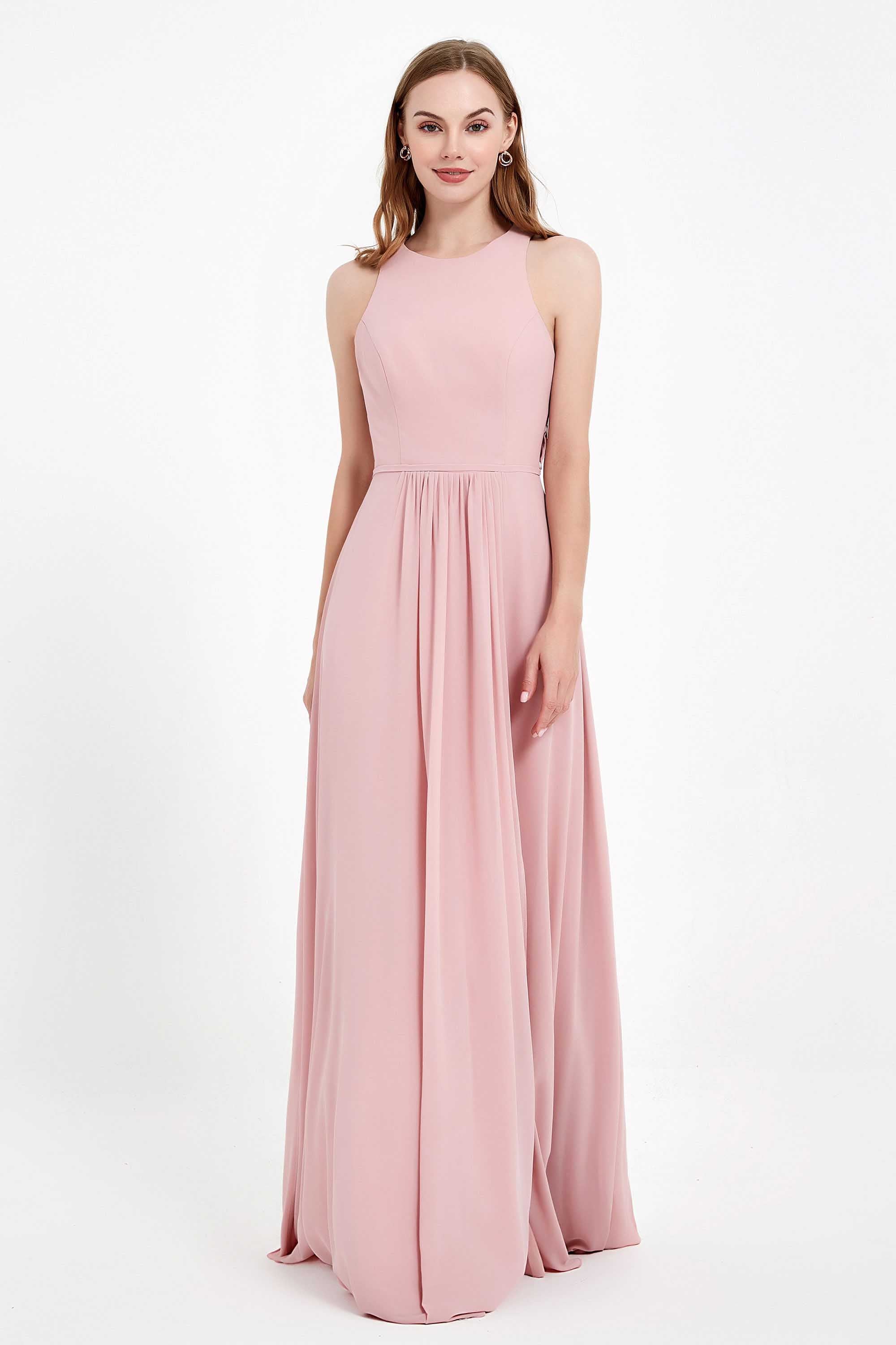 Jewel Neck Chiffon Bridesmaid Gowns Formal Evening Party Dresses A Line with Slit