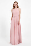 Jewel Neck Chiffon Bridesmaid Gowns Formal Evening Party Dresses A Line with Slit