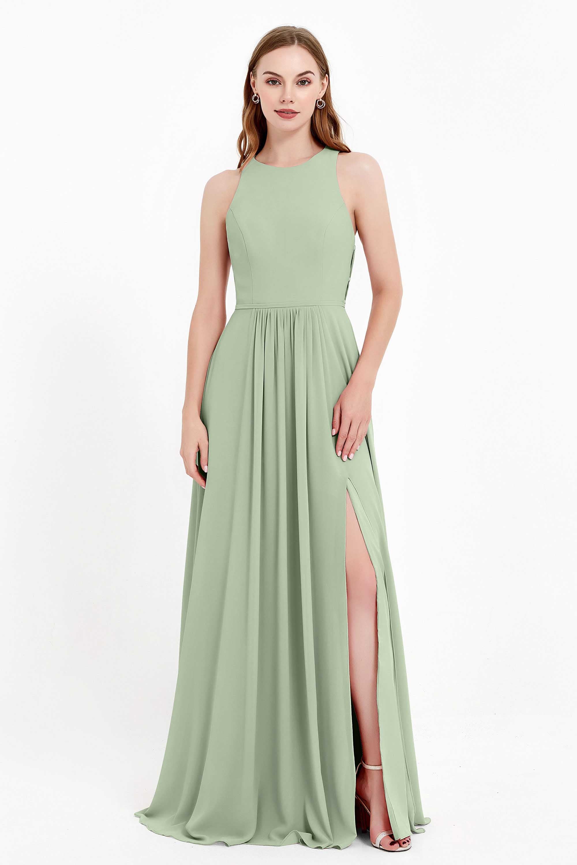 Jewel Neck Chiffon Bridesmaid Gowns Formal Evening Party Dresses A Line with Slit