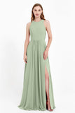 Jewel Neck Chiffon Bridesmaid Gowns Formal Evening Party Dresses A Line with Slit