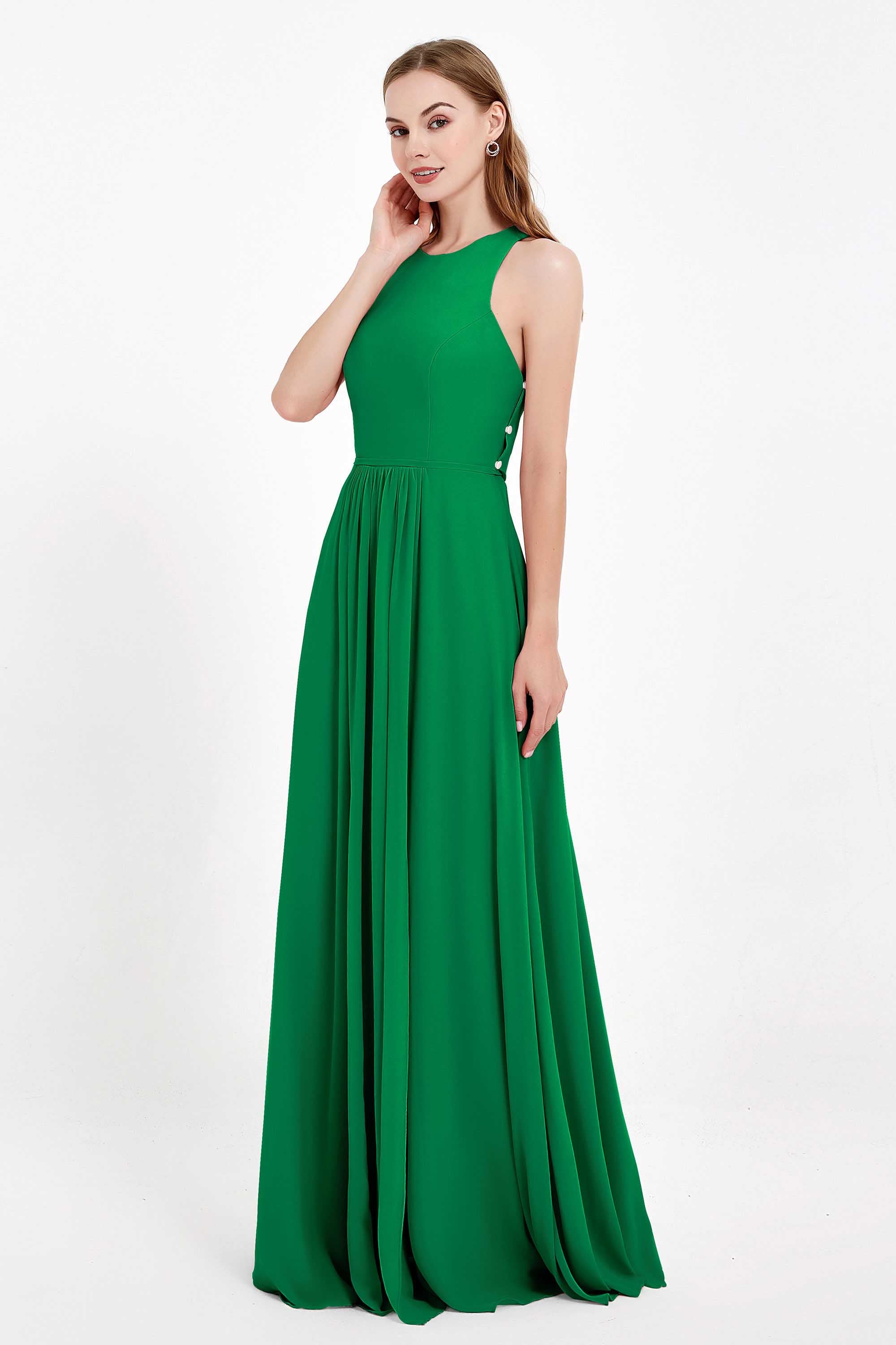 Jewel Neck Chiffon Bridesmaid Gowns Formal Evening Party Dresses A Line with Slit