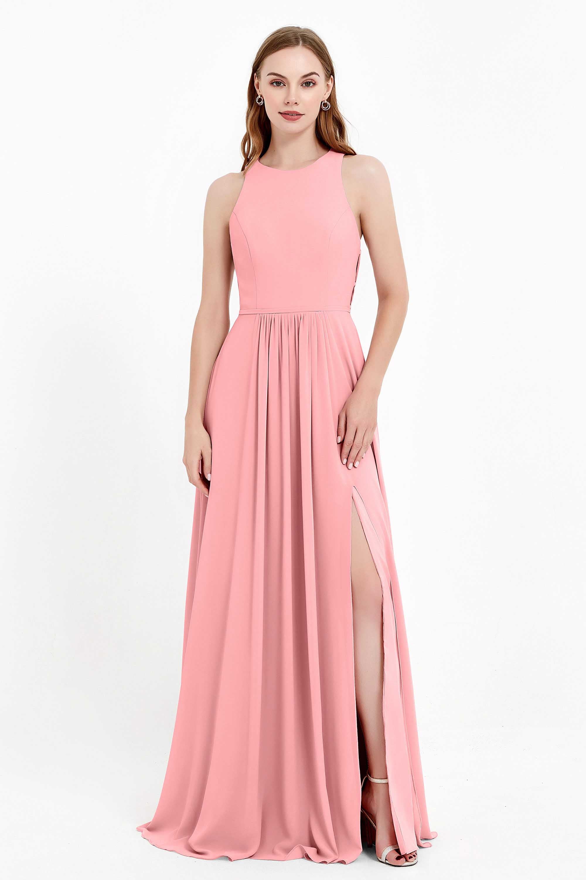 Jewel Neck Chiffon Bridesmaid Gowns Formal Evening Party Dresses A Line with Slit