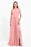 Jewel Neck Chiffon Bridesmaid Gowns Formal Evening Party Dresses A Line with Slit