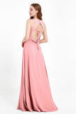 Jewel Neck Chiffon Bridesmaid Gowns Formal Evening Party Dresses A Line with Slit