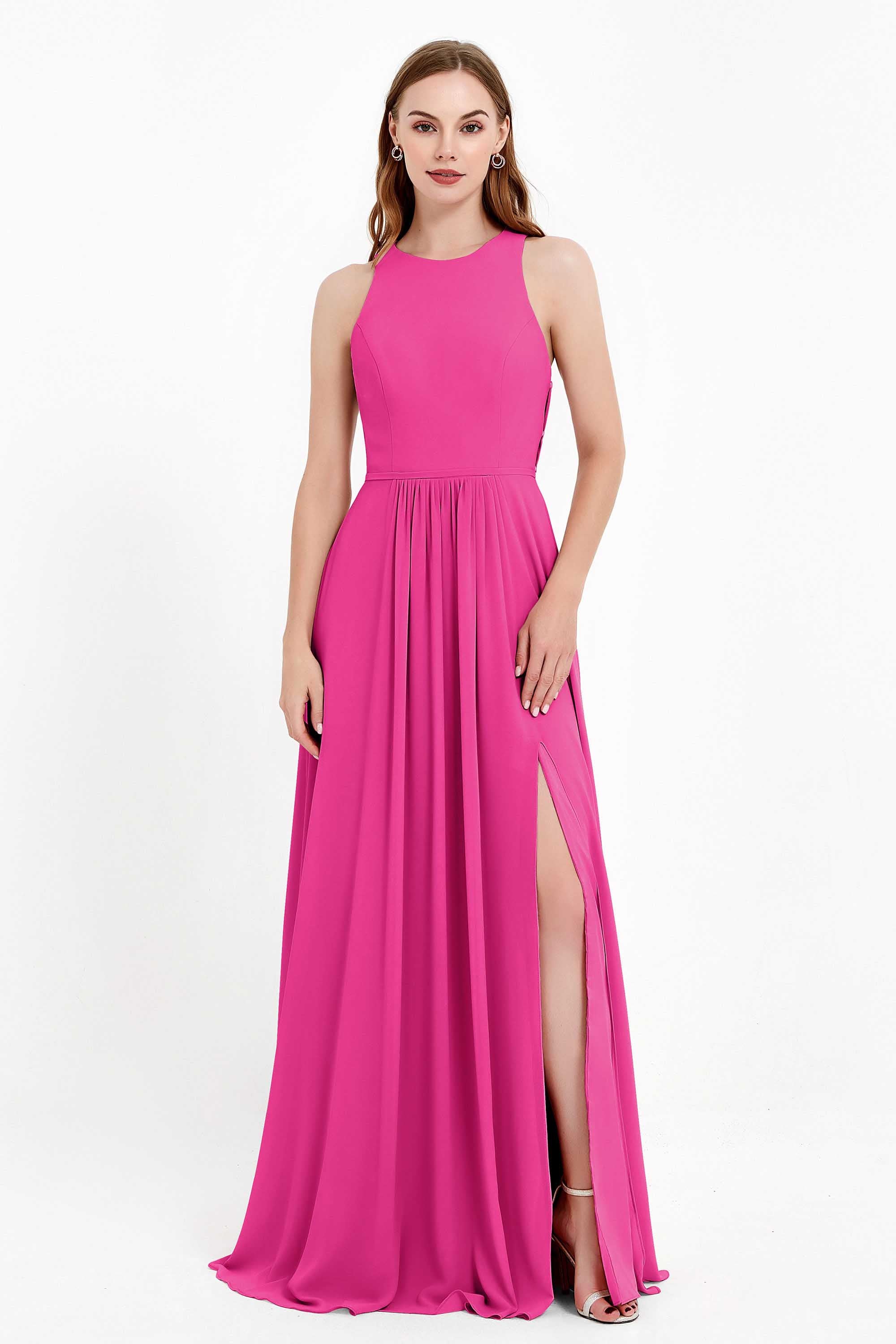 Jewel Neck Chiffon Bridesmaid Gowns Formal Evening Party Dresses A Line with Slit