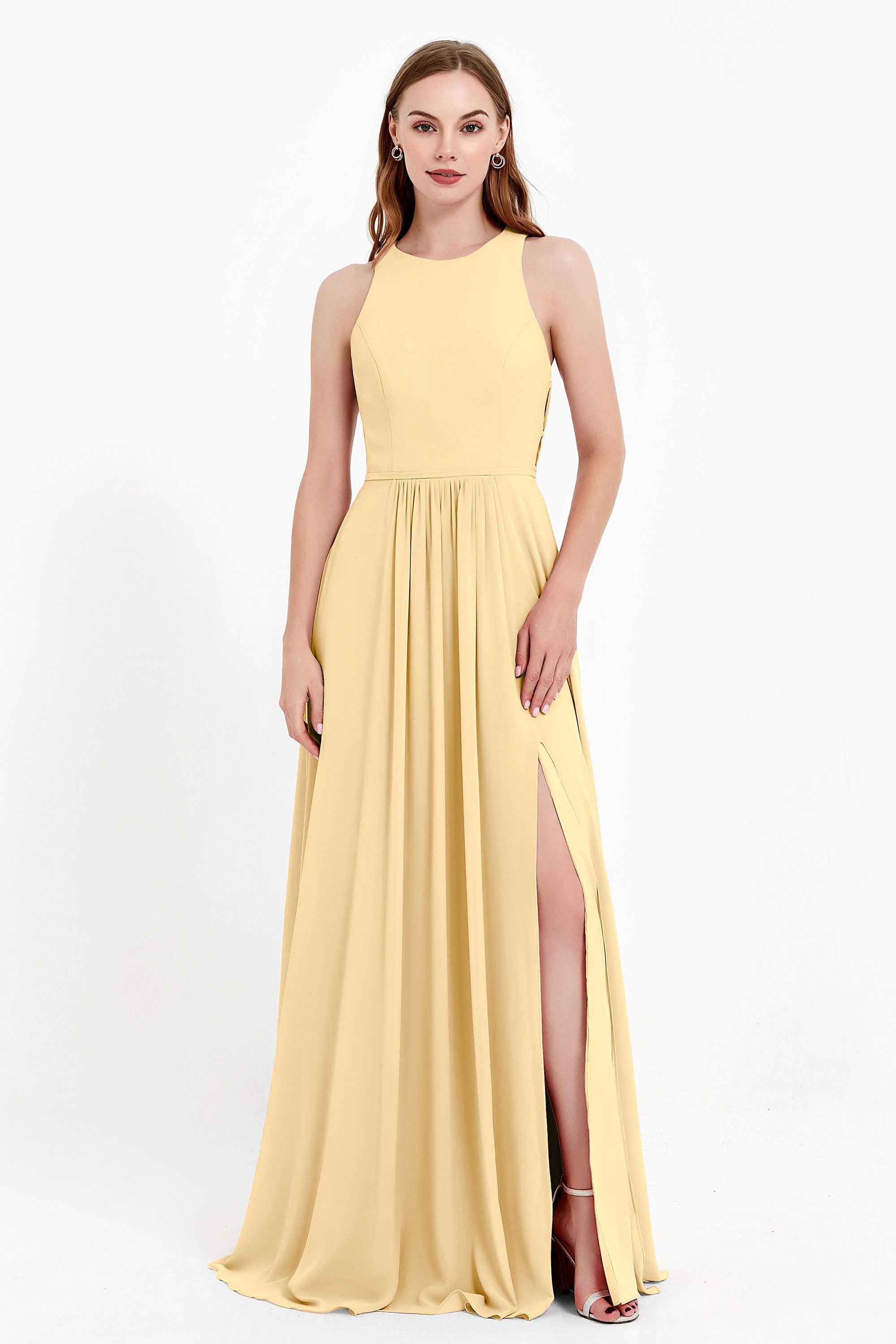Jewel Neck Chiffon Bridesmaid Gowns Formal Evening Party Dresses A Line with Slit