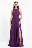 Jewel Neck Chiffon Bridesmaid Gowns Formal Evening Party Dresses A Line with Slit