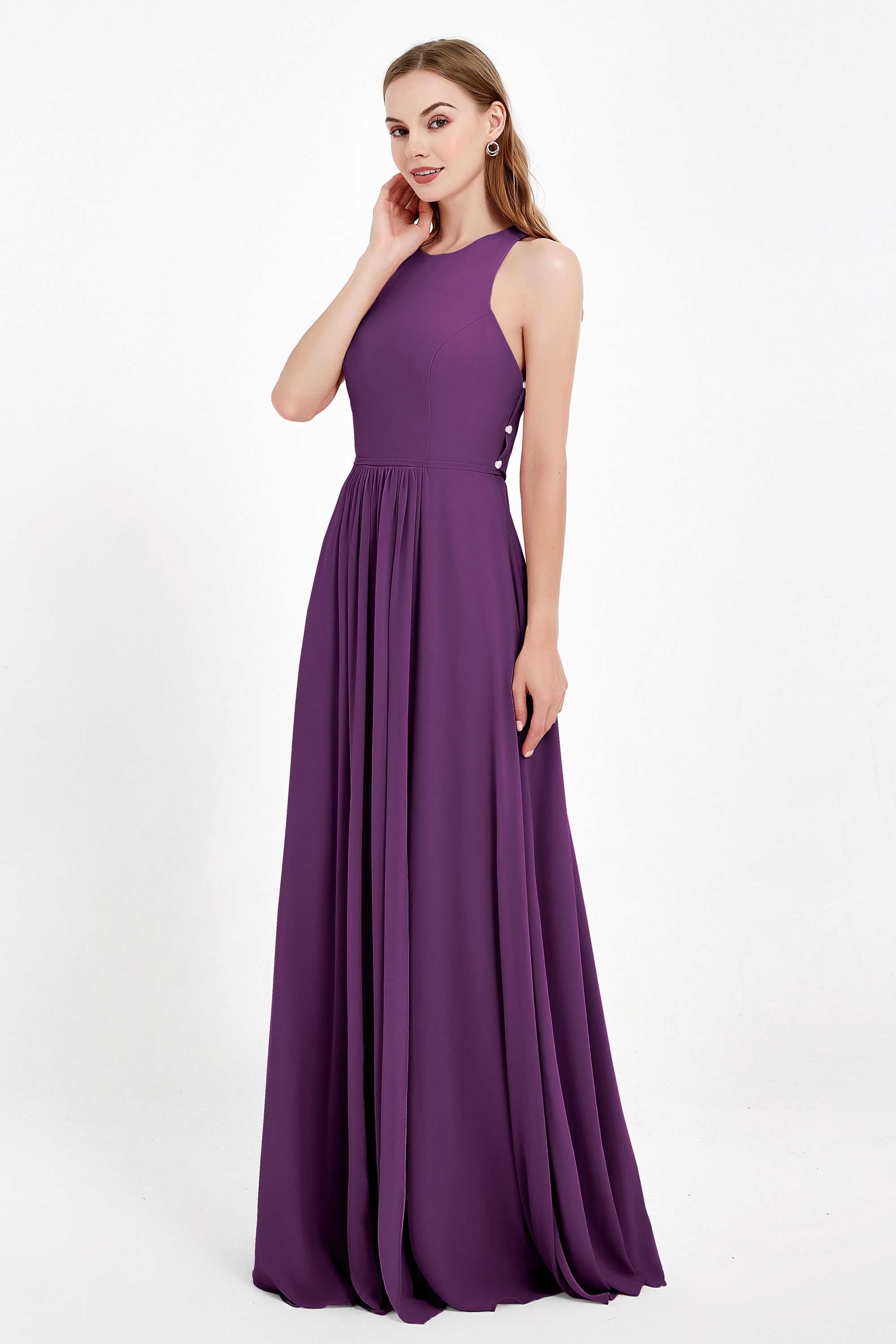 Jewel Neck Chiffon Bridesmaid Gowns Formal Evening Party Dresses A Line with Slit