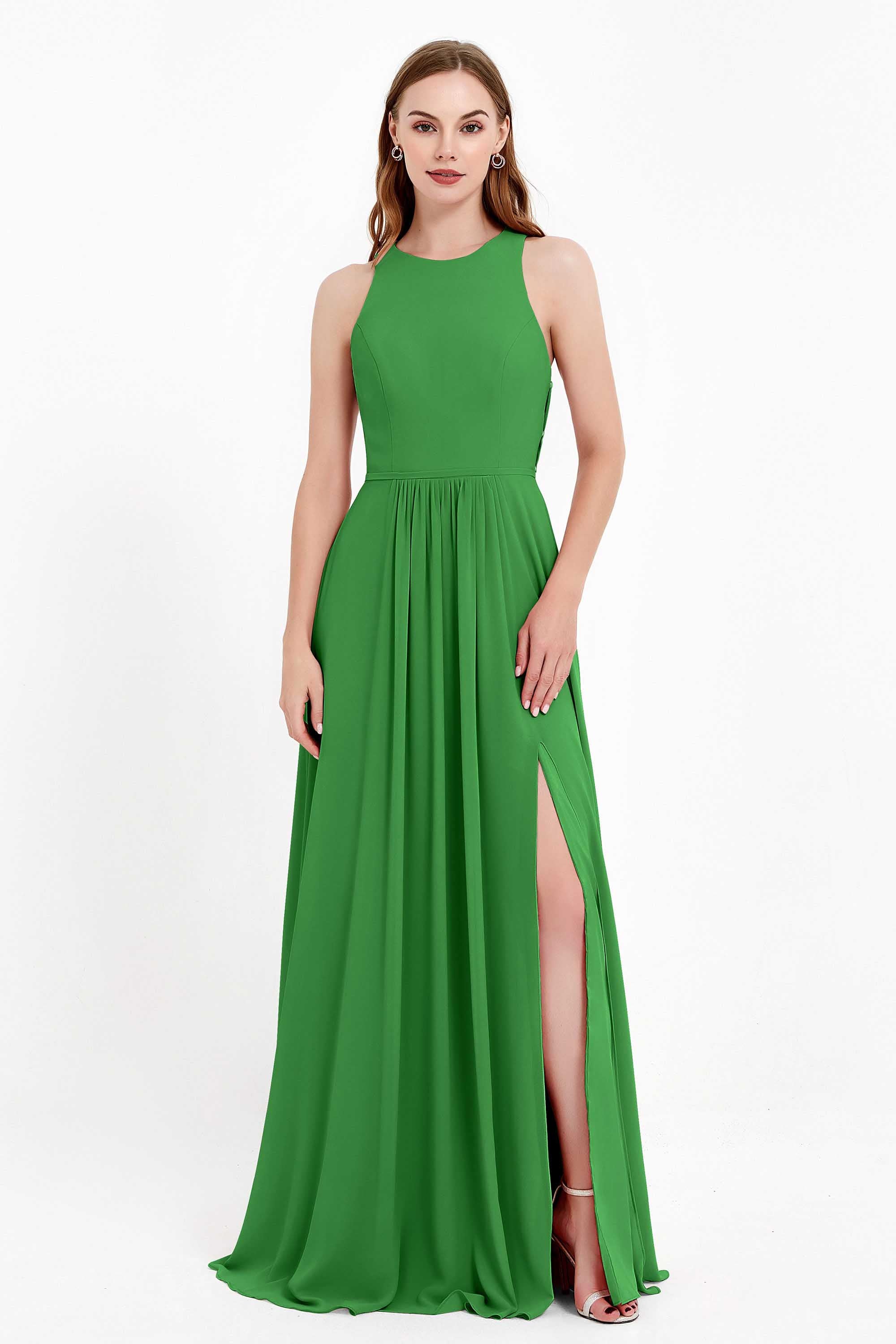 Jewel Neck Chiffon Bridesmaid Gowns Formal Evening Party Dresses A Line with Slit