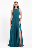 Jewel Neck Chiffon Bridesmaid Gowns Formal Evening Party Dresses A Line with Slit