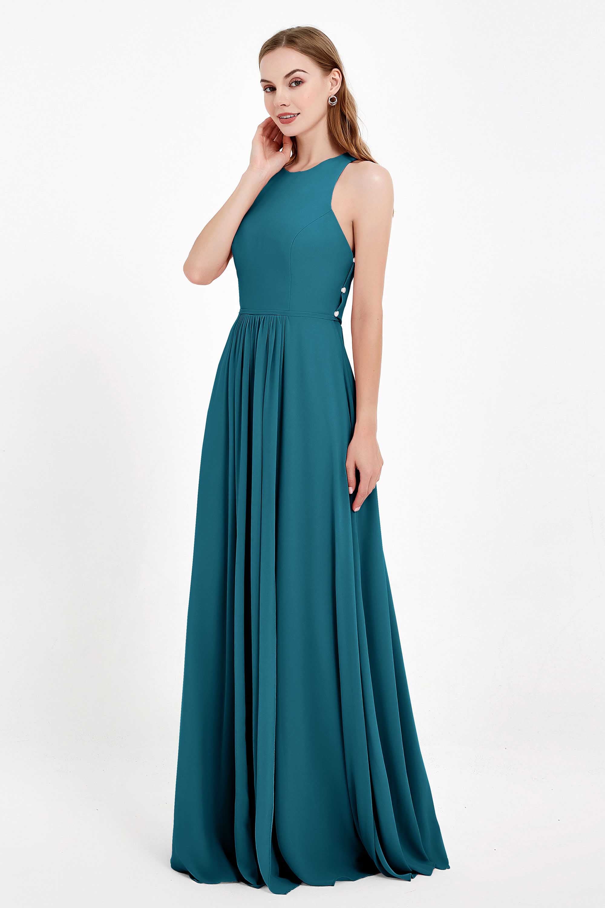 Jewel Neck Chiffon Bridesmaid Gowns Formal Evening Party Dresses A Line with Slit