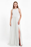 Jewel Neck Chiffon Bridesmaid Gowns Formal Evening Party Dresses A Line with Slit