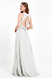 Jewel Neck Chiffon Bridesmaid Gowns Formal Evening Party Dresses A Line with Slit