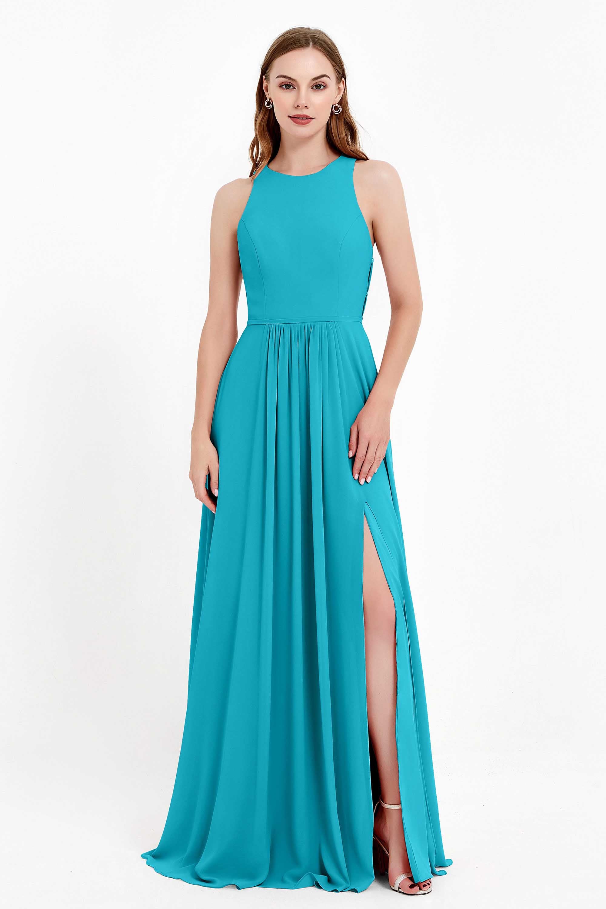 Jewel Neck Chiffon Bridesmaid Gowns Formal Evening Party Dresses A Line with Slit