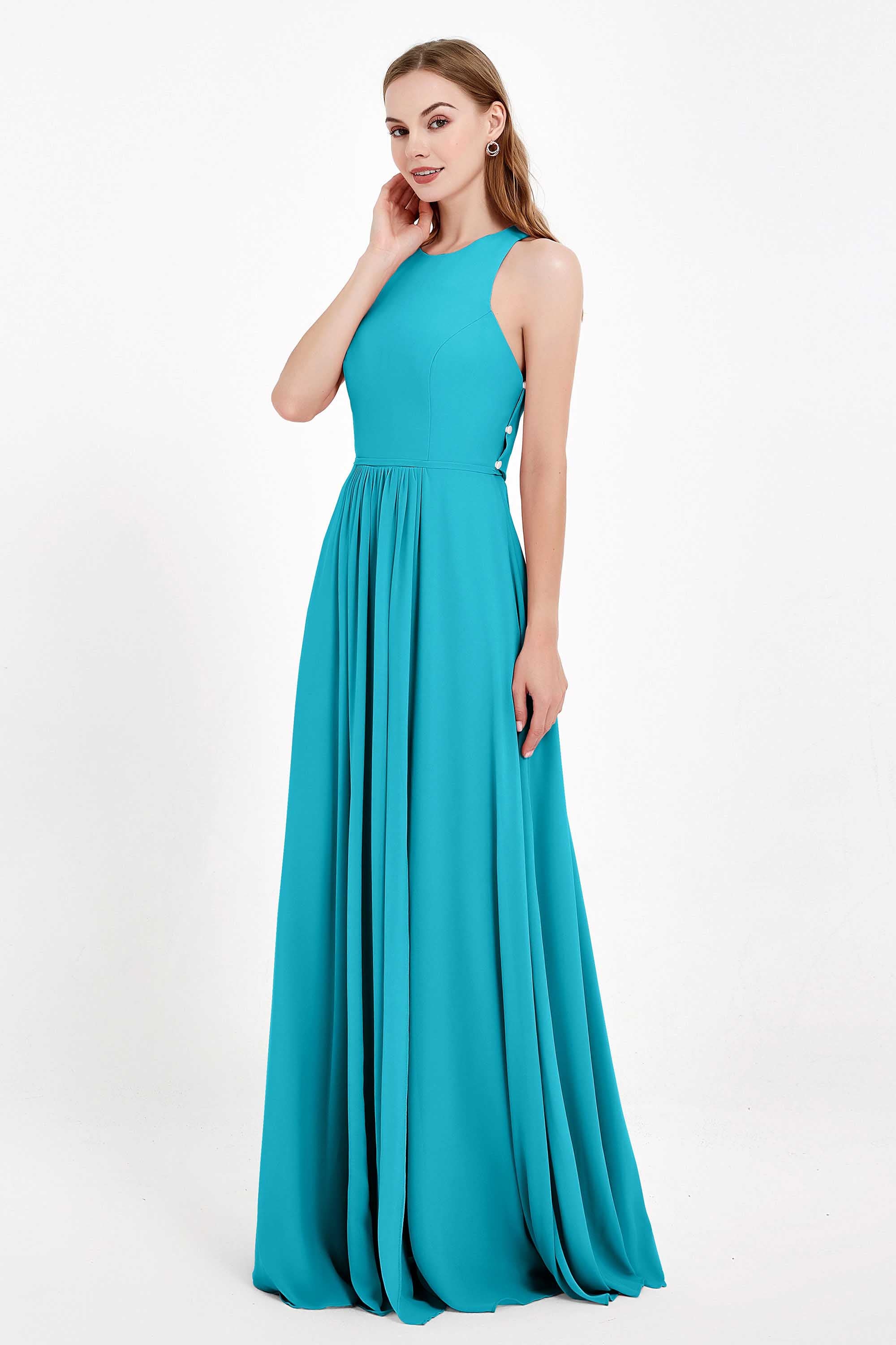 Jewel Neck Chiffon Bridesmaid Gowns Formal Evening Party Dresses A Line with Slit