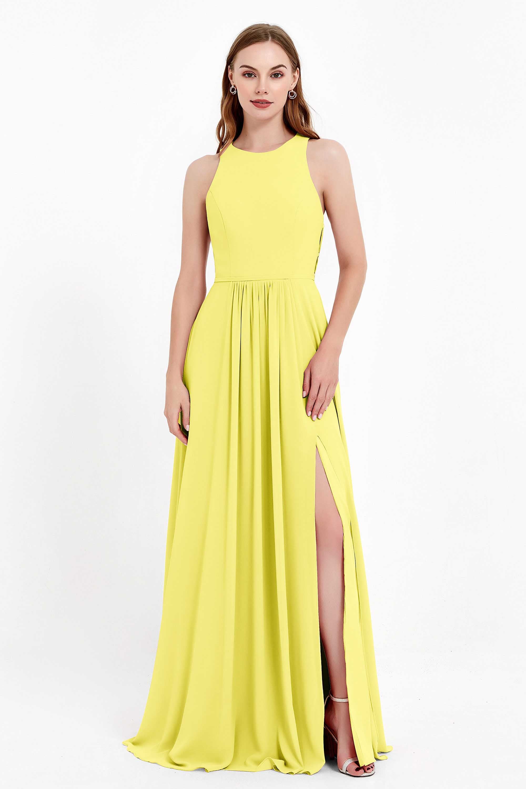 Jewel Neck Chiffon Bridesmaid Gowns Formal Evening Party Dresses A Line with Slit