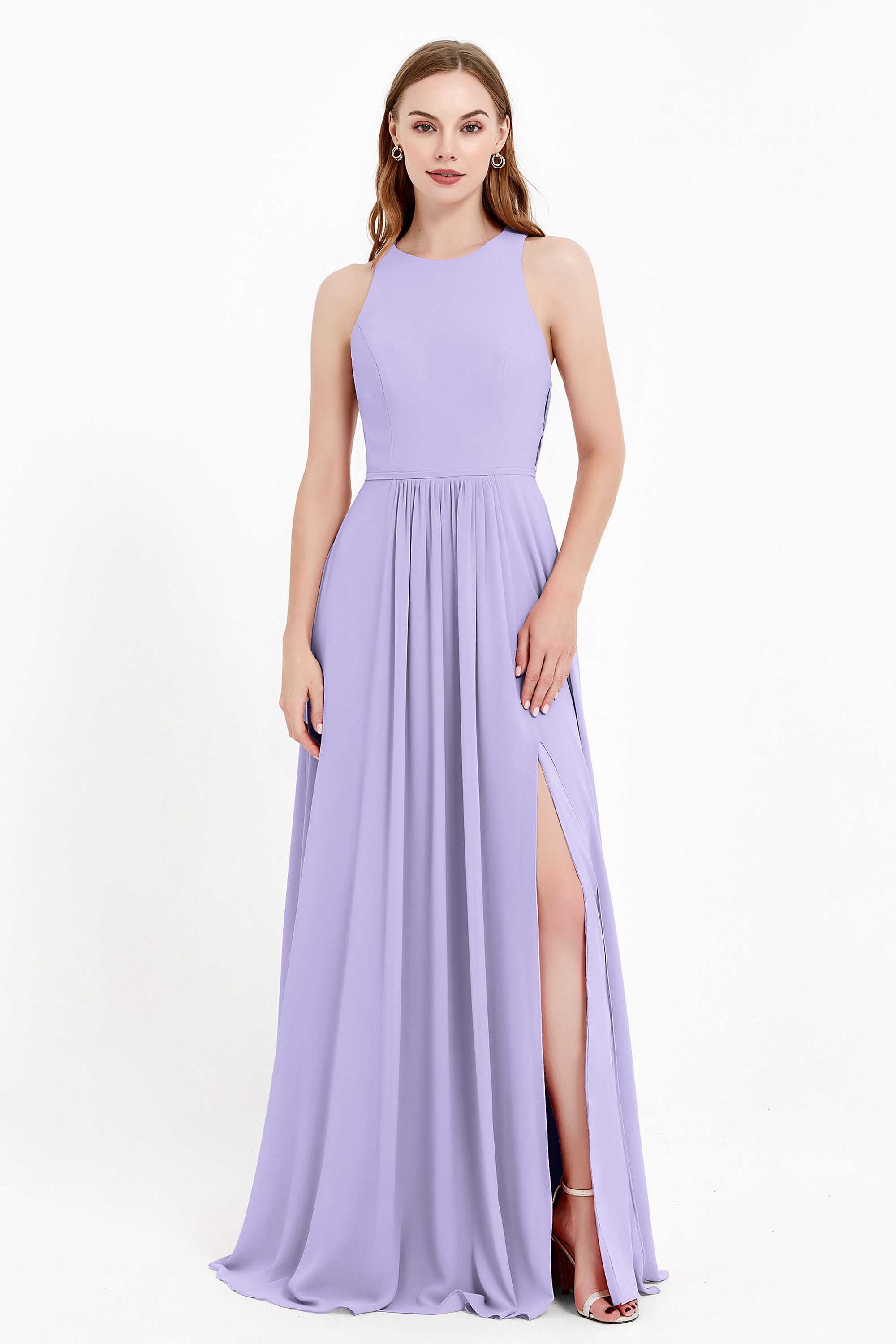 Jewel Neck Chiffon Bridesmaid Gowns Formal Evening Party Dresses A Line with Slit