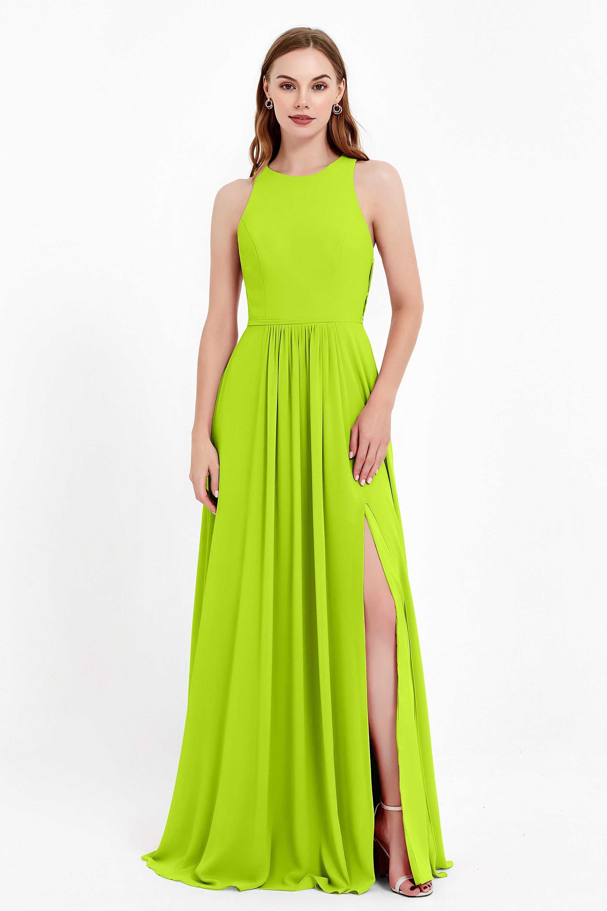 Jewel Neck Chiffon Bridesmaid Gowns Formal Evening Party Dresses A Line with Slit