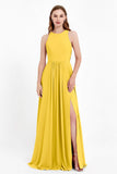 Jewel Neck Chiffon Bridesmaid Gowns Formal Evening Party Dresses A Line with Slit