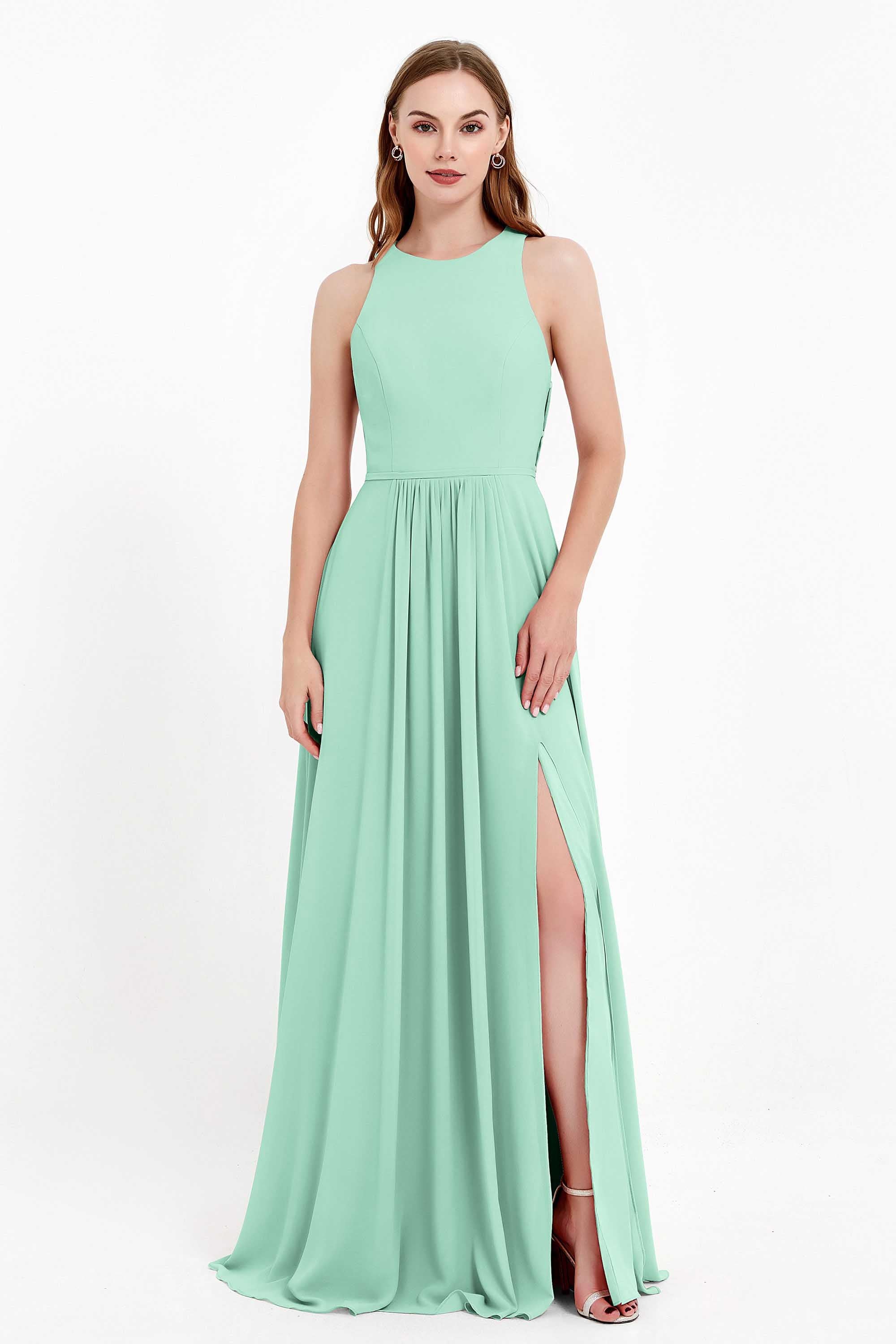 Jewel Neck Chiffon Bridesmaid Gowns Formal Evening Party Dresses A Line with Slit