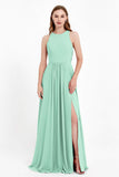 Jewel Neck Chiffon Bridesmaid Gowns Formal Evening Party Dresses A Line with Slit