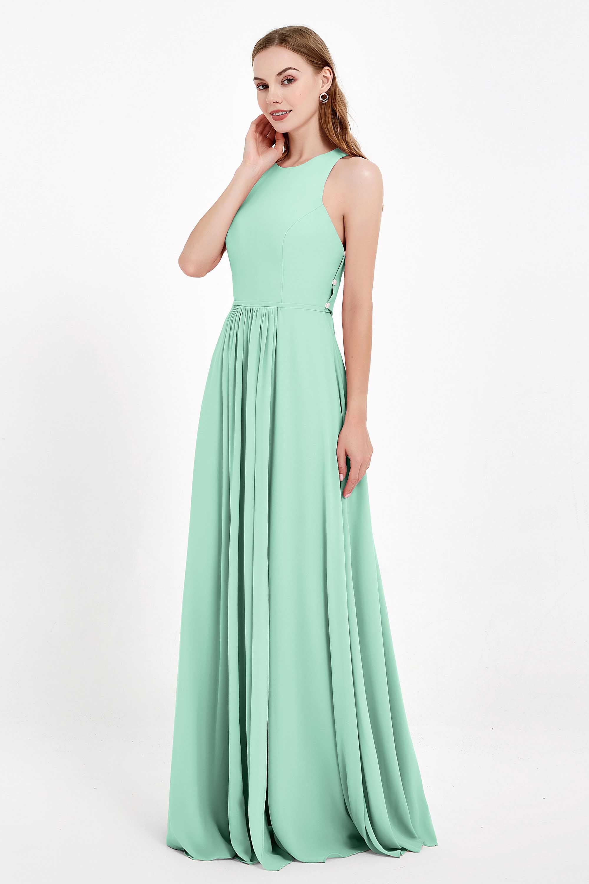 Jewel Neck Chiffon Bridesmaid Gowns Formal Evening Party Dresses A Line with Slit