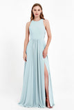 Jewel Neck Chiffon Bridesmaid Gowns Formal Evening Party Dresses A Line with Slit