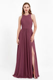 Jewel Neck Chiffon Bridesmaid Gowns Formal Evening Party Dresses A Line with Slit