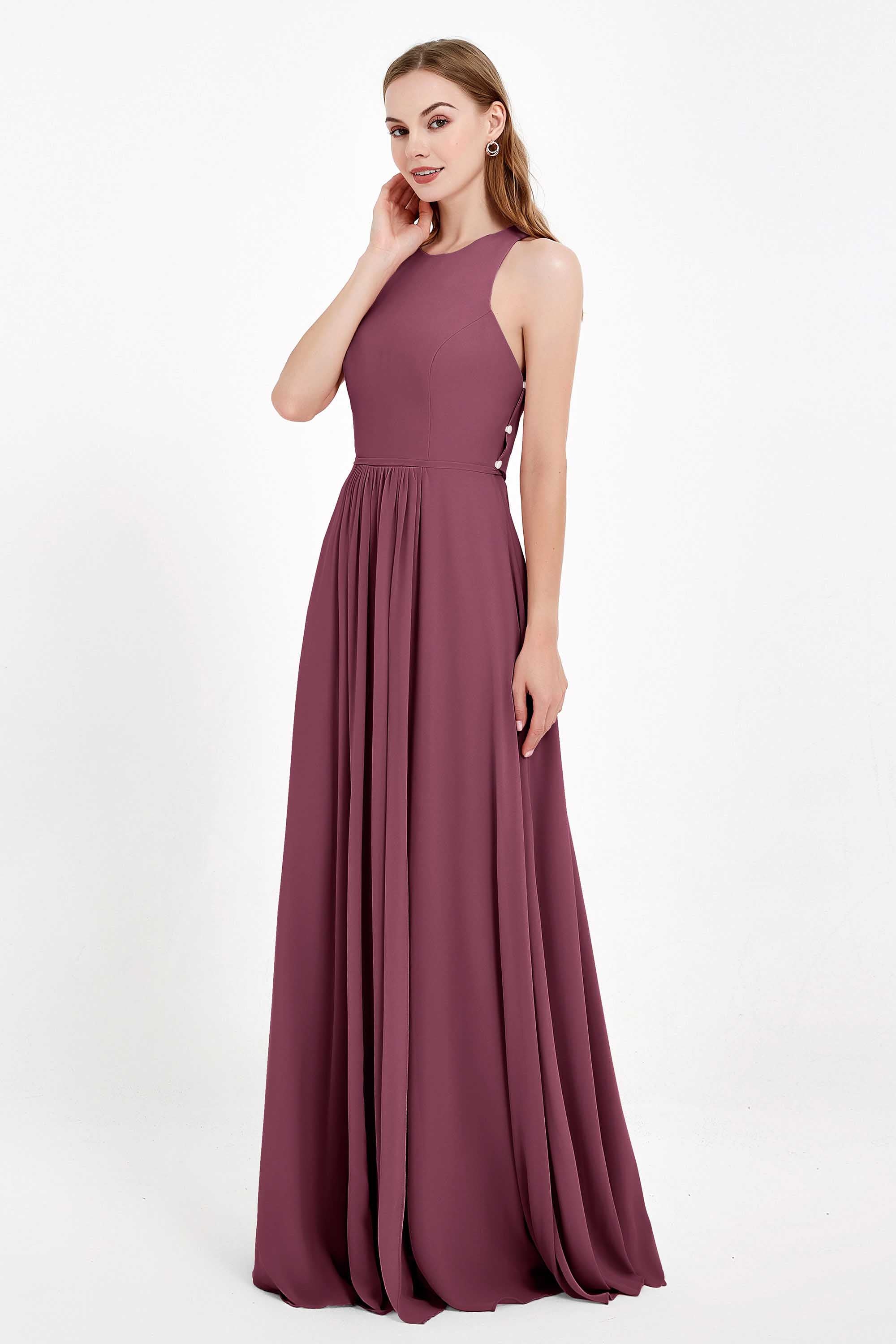 Jewel Neck Chiffon Bridesmaid Gowns Formal Evening Party Dresses A Line with Slit