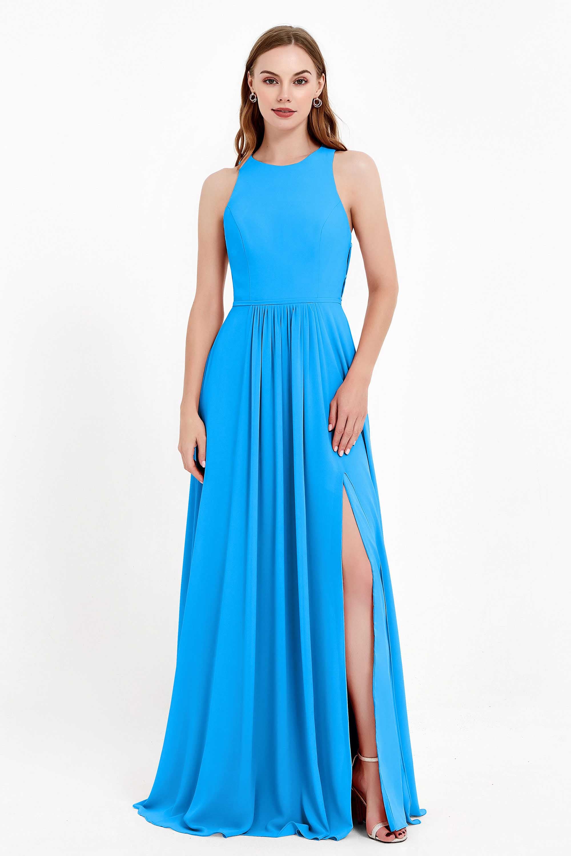 Jewel Neck Chiffon Bridesmaid Gowns Formal Evening Party Dresses A Line with Slit