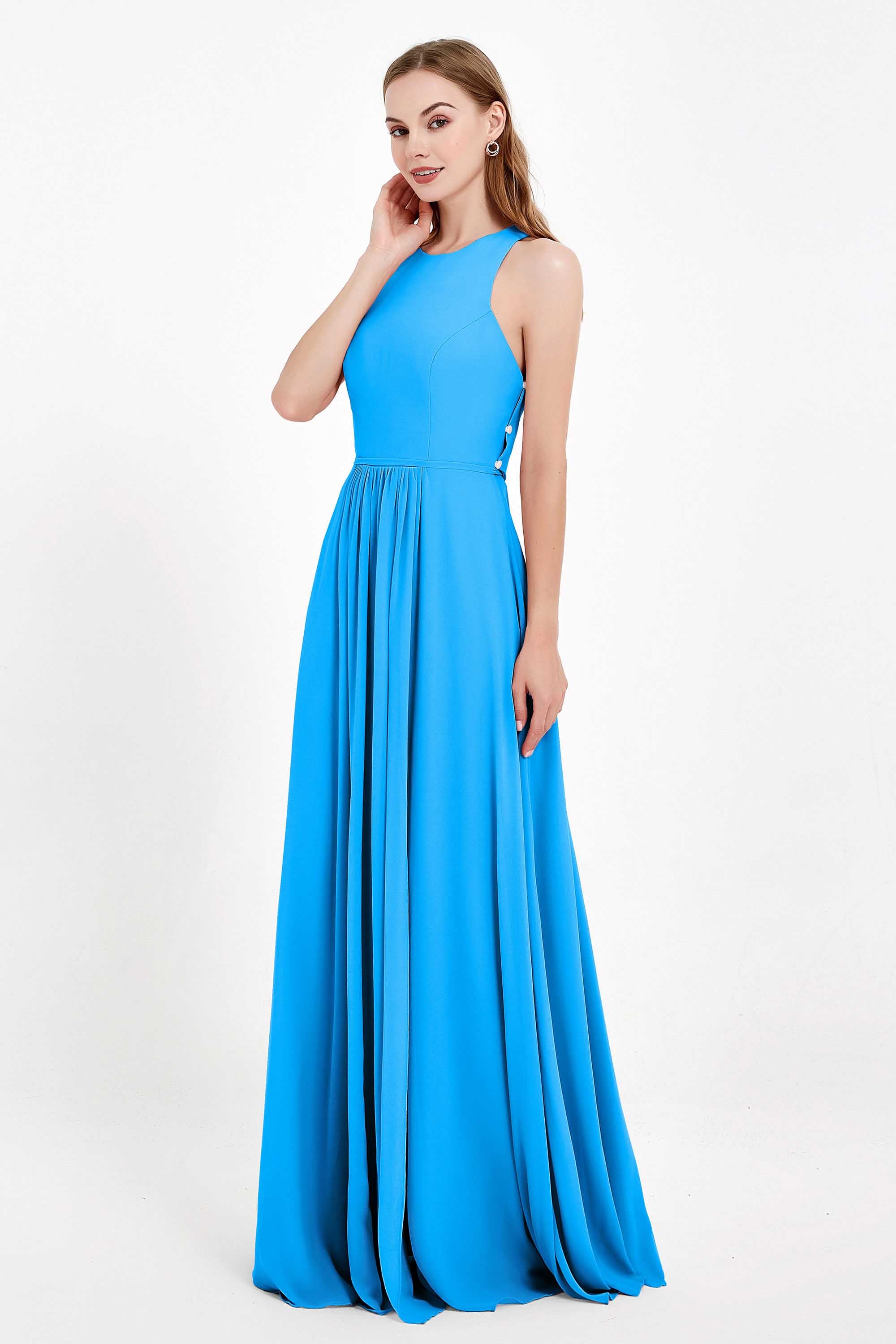 Jewel Neck Chiffon Bridesmaid Gowns Formal Evening Party Dresses A Line with Slit