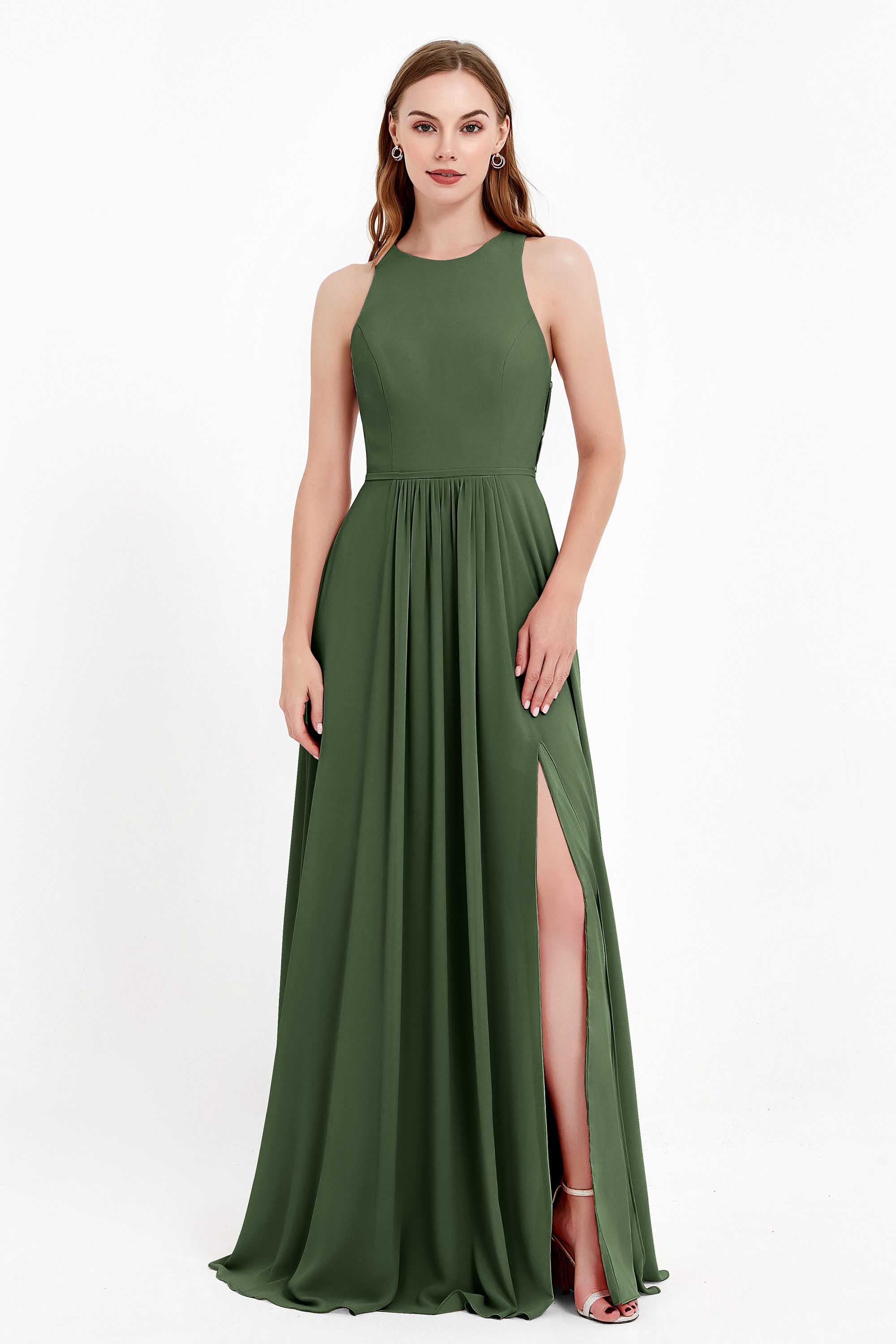 Jewel Neck Chiffon Bridesmaid Gowns Formal Evening Party Dresses A Line with Slit
