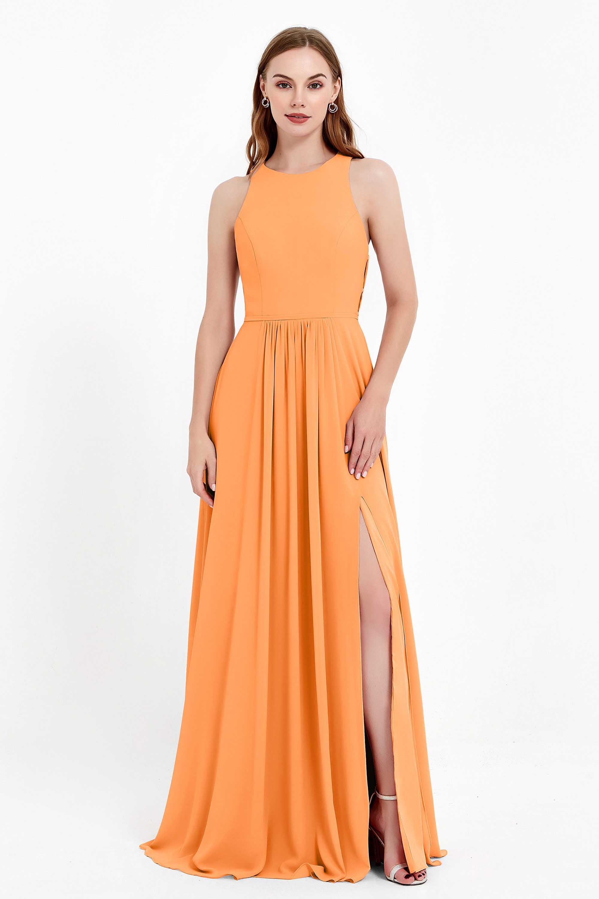Jewel Neck Chiffon Bridesmaid Gowns Formal Evening Party Dresses A Line with Slit