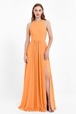 Jewel Neck Chiffon Bridesmaid Gowns Formal Evening Party Dresses A Line with Slit