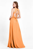 Jewel Neck Chiffon Bridesmaid Gowns Formal Evening Party Dresses A Line with Slit