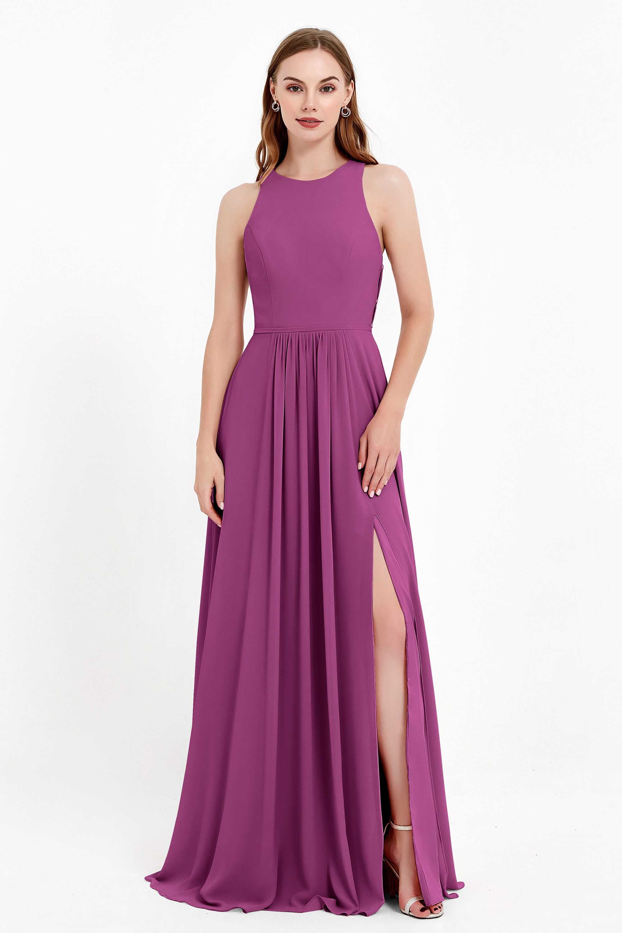 Jewel Neck Chiffon Bridesmaid Gowns Formal Evening Party Dresses A Line with Slit