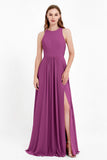 Jewel Neck Chiffon Bridesmaid Gowns Formal Evening Party Dresses A Line with Slit