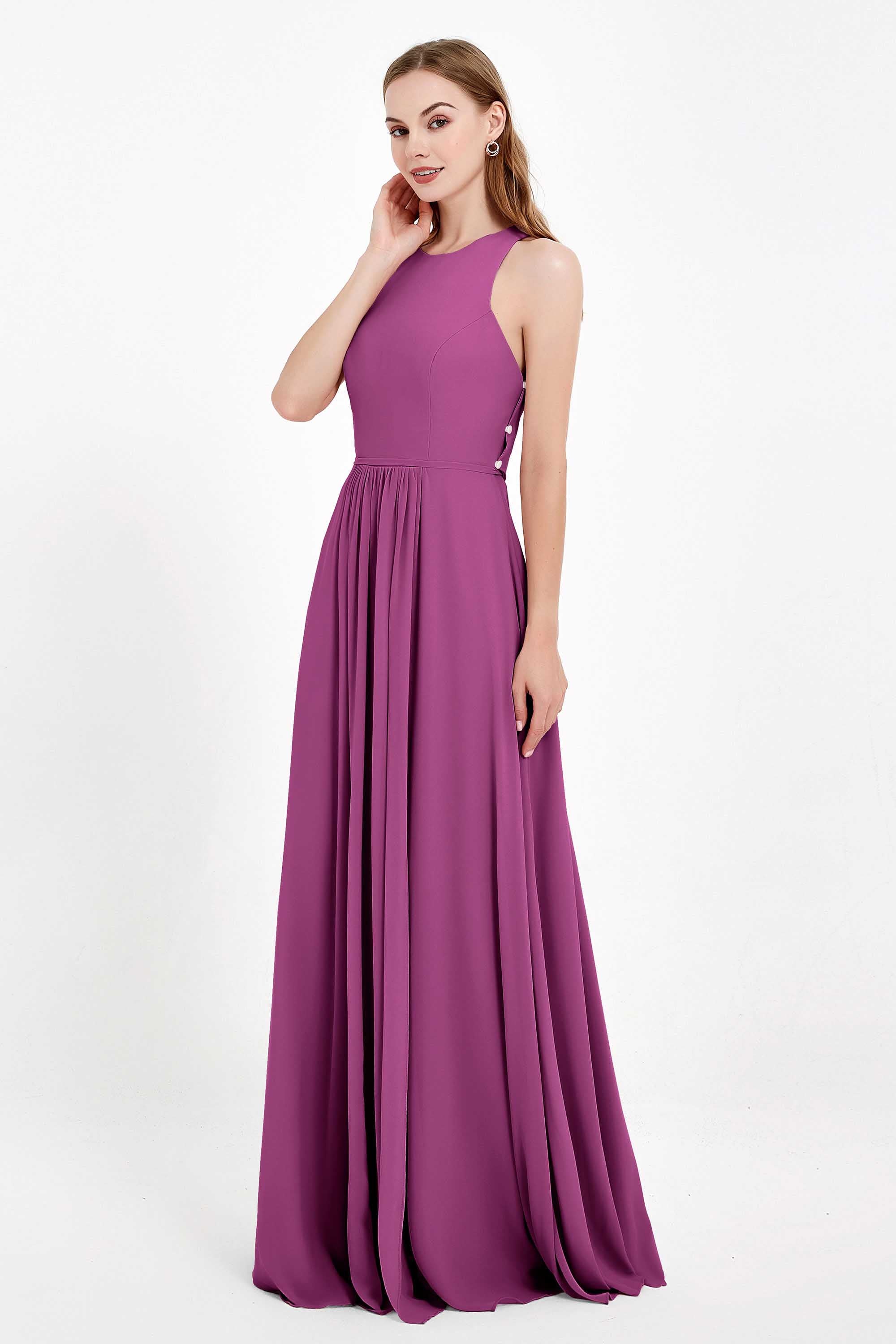 Jewel Neck Chiffon Bridesmaid Gowns Formal Evening Party Dresses A Line with Slit