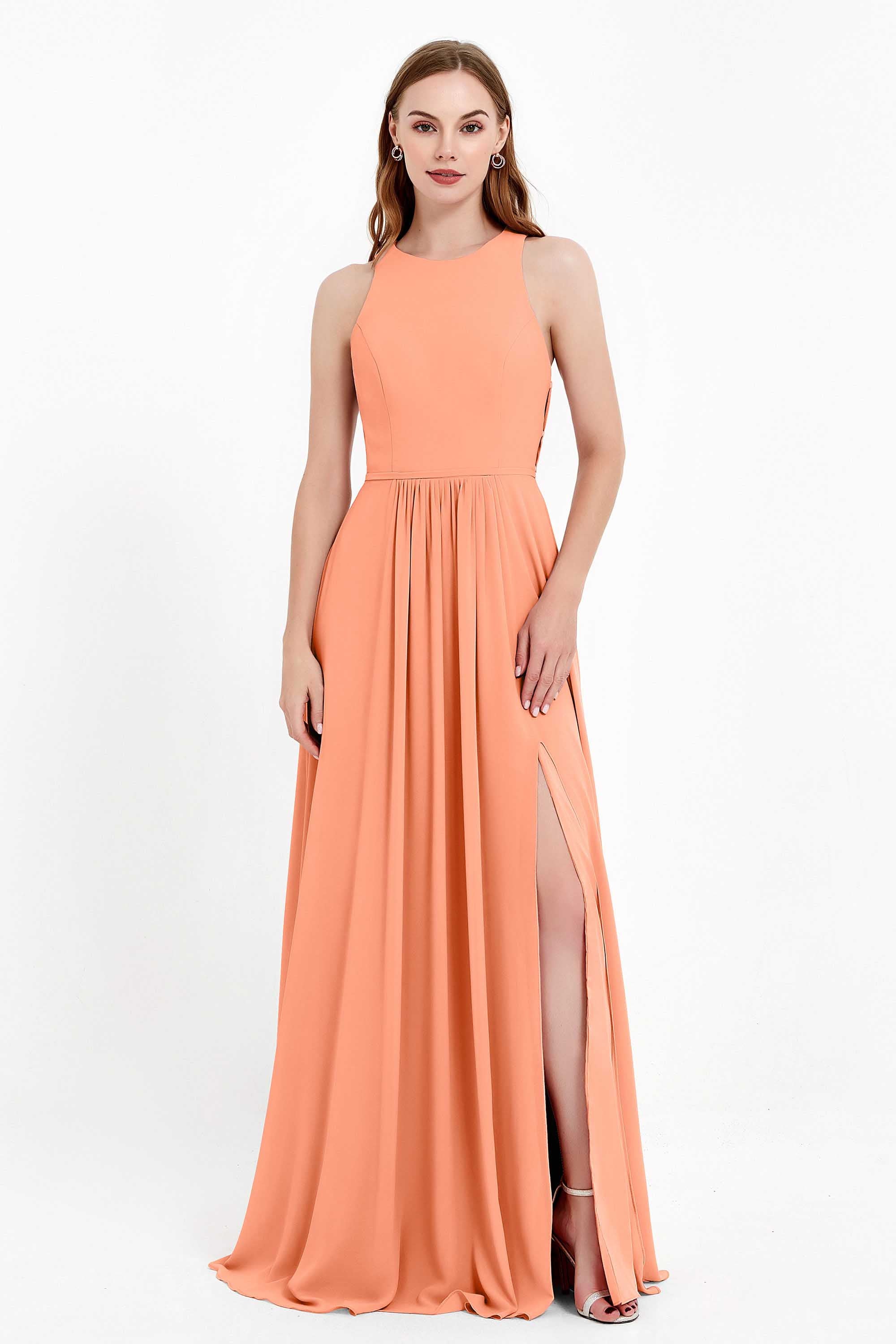 Jewel Neck Chiffon Bridesmaid Gowns Formal Evening Party Dresses A Line with Slit
