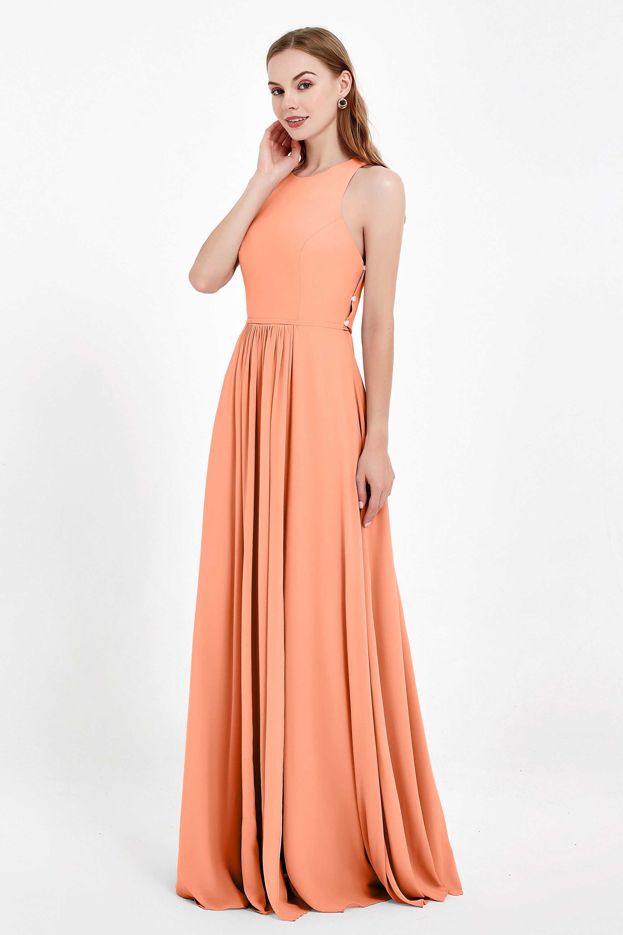 Jewel Neck Chiffon Bridesmaid Gowns Formal Evening Party Dresses A Line with Slit