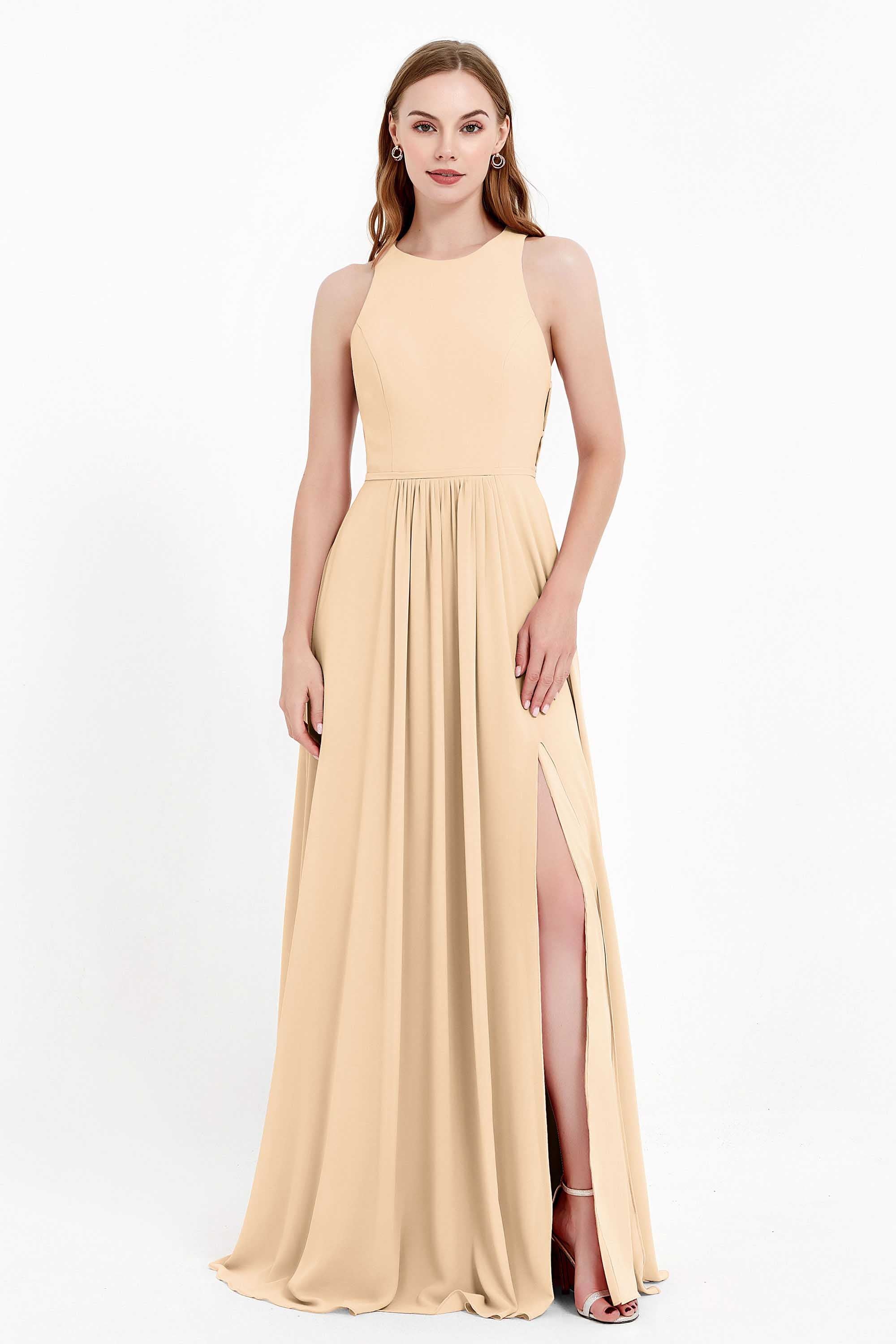 Jewel Neck Chiffon Bridesmaid Gowns Formal Evening Party Dresses A Line with Slit
