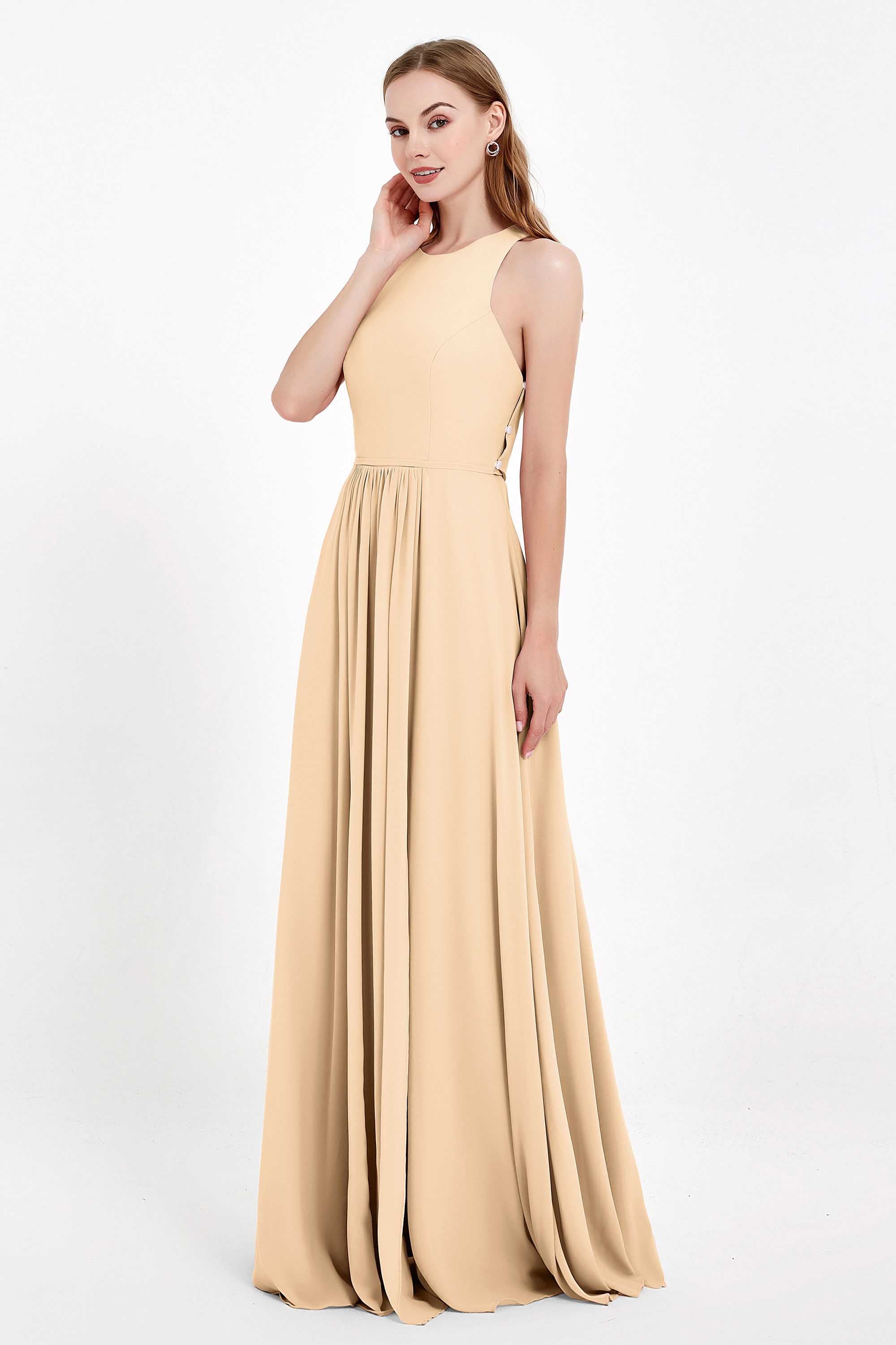 Jewel Neck Chiffon Bridesmaid Gowns Formal Evening Party Dresses A Line with Slit