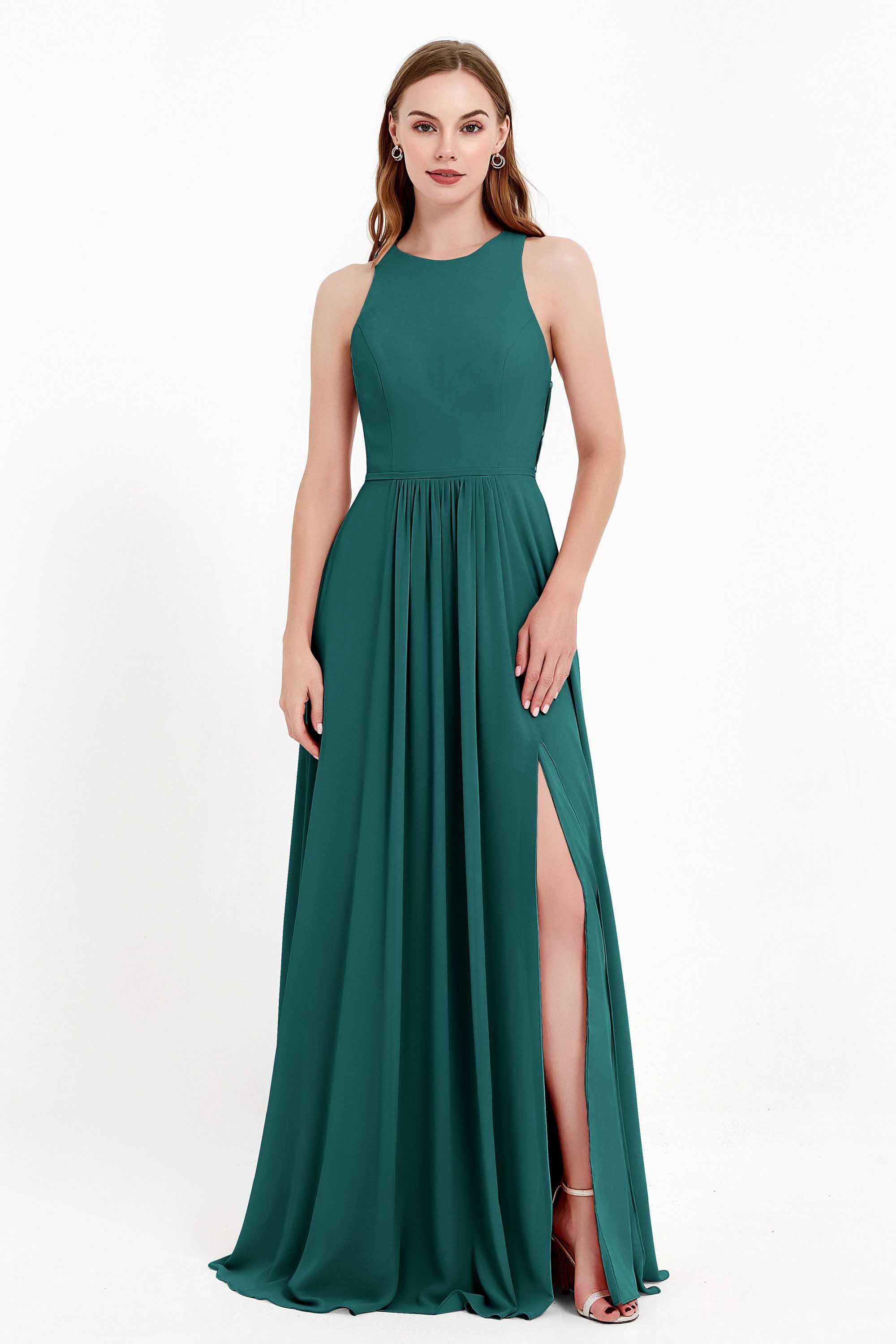 Jewel Neck Chiffon Bridesmaid Gowns Formal Evening Party Dresses A Line with Slit