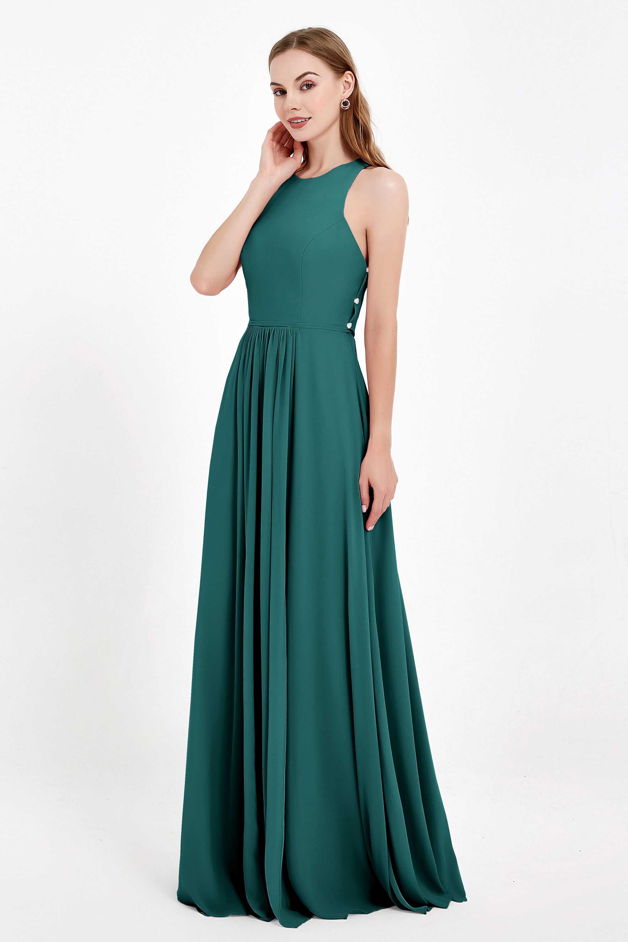 Jewel Neck Chiffon Bridesmaid Gowns Formal Evening Party Dresses A Line with Slit