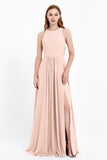Jewel Neck Chiffon Bridesmaid Gowns Formal Evening Party Dresses A Line with Slit