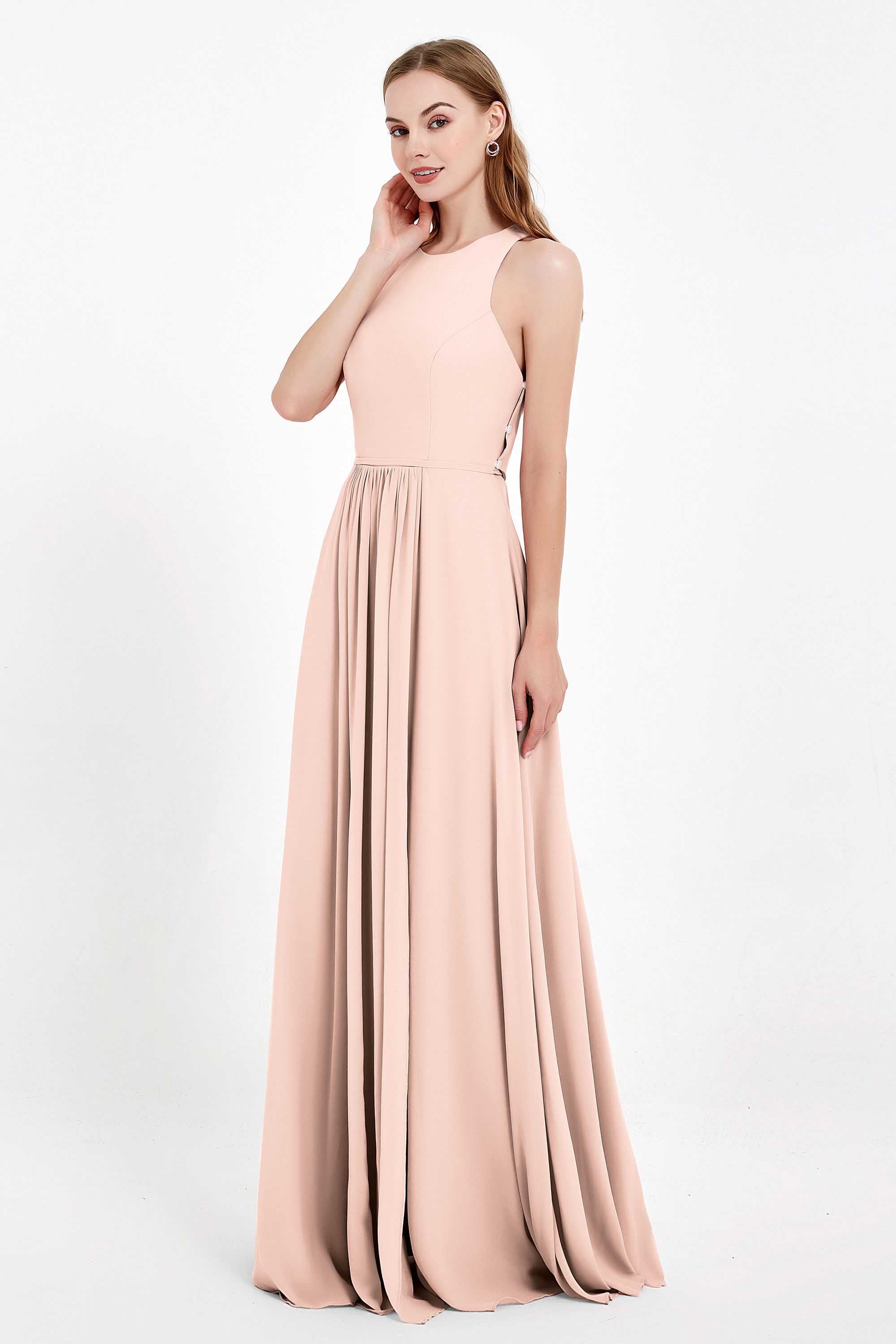 Jewel Neck Chiffon Bridesmaid Gowns Formal Evening Party Dresses A Line with Slit