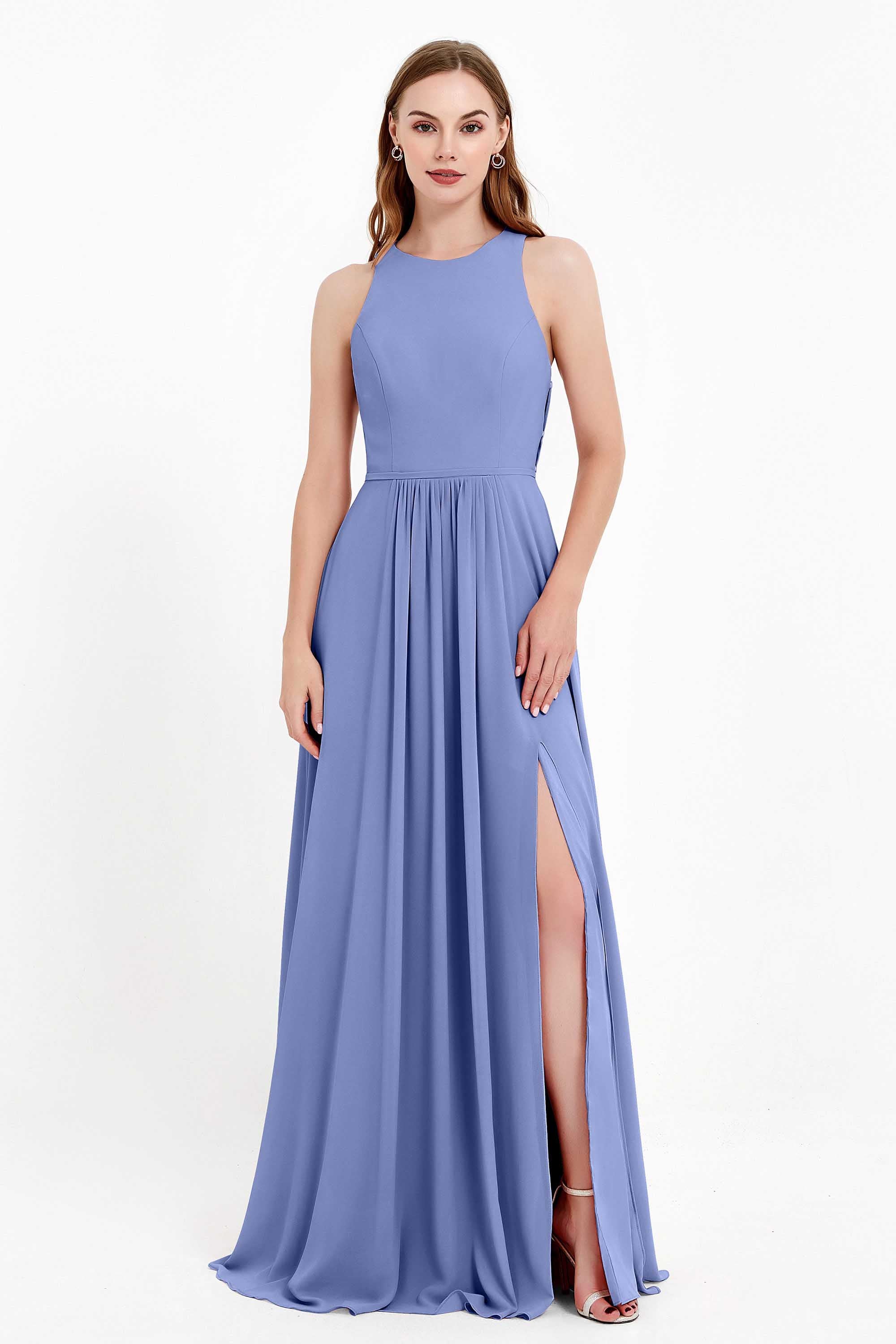 Jewel Neck Chiffon Bridesmaid Gowns Formal Evening Party Dresses A Line with Slit