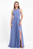 Jewel Neck Chiffon Bridesmaid Gowns Formal Evening Party Dresses A Line with Slit
