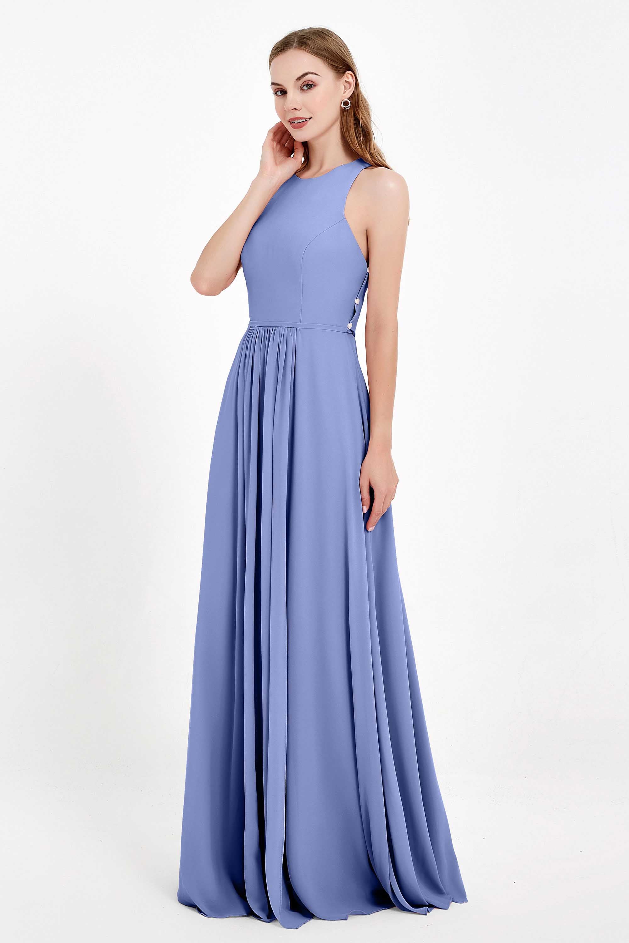 Jewel Neck Chiffon Bridesmaid Gowns Formal Evening Party Dresses A Line with Slit